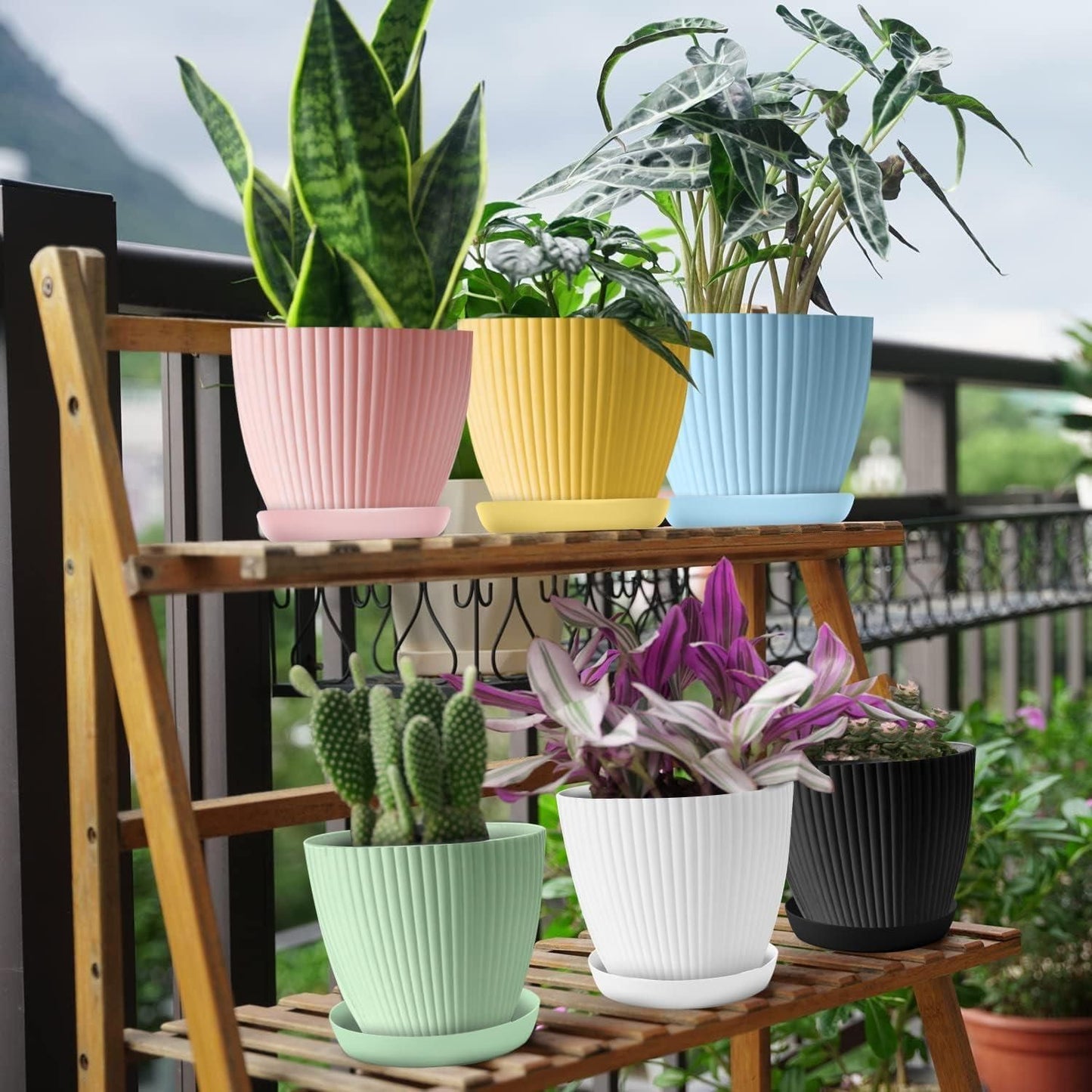 Plastic Round Flower Pot Drainage Holes and Tray Indoor Outdoor Plant